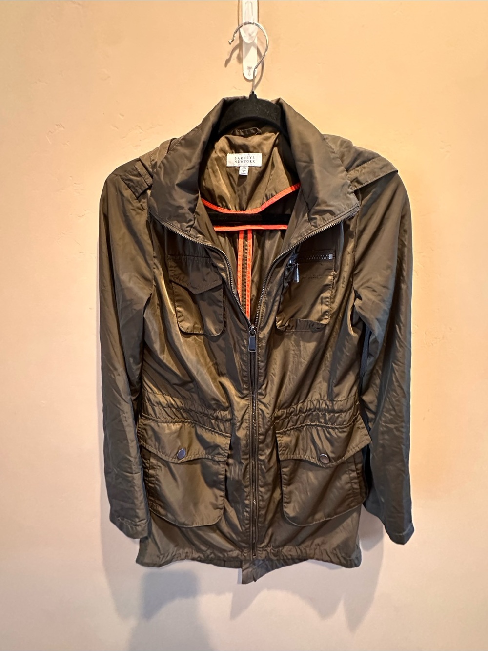 Barneys New York Olive Green Utility Cargo Jacket Roll Tab Sleeve Neon Piping XS